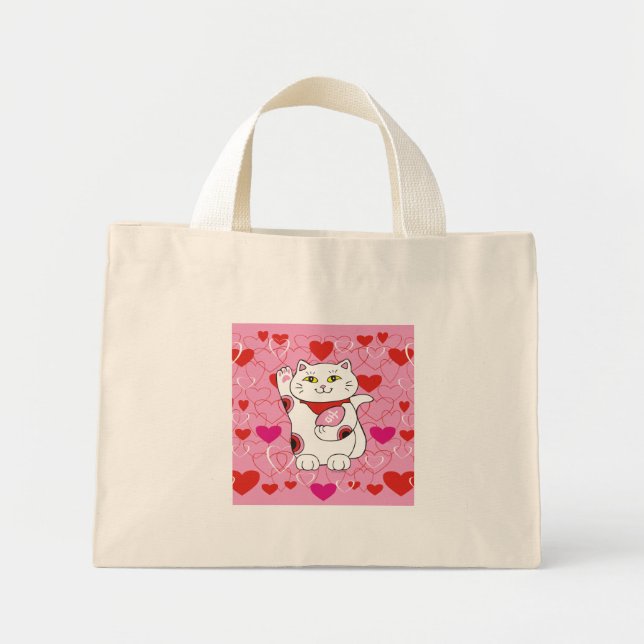 Valentine Maneki Neko Lucky Cat Mini Tote Bag (Front)