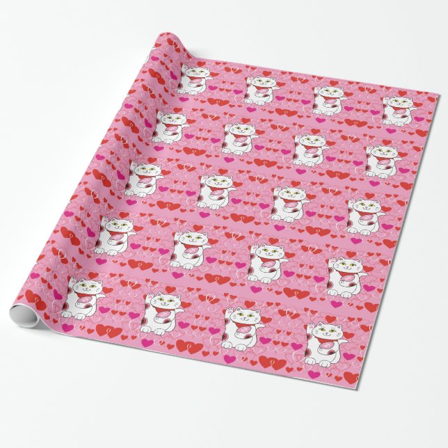 Valentine Maneki Neko Lucky Cat Wrapping Paper (Unrolled)