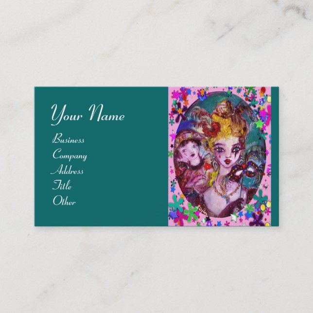 VALENTINE MASQUERADE MASKS ,CONFETTI,pink green Business Card (Front)