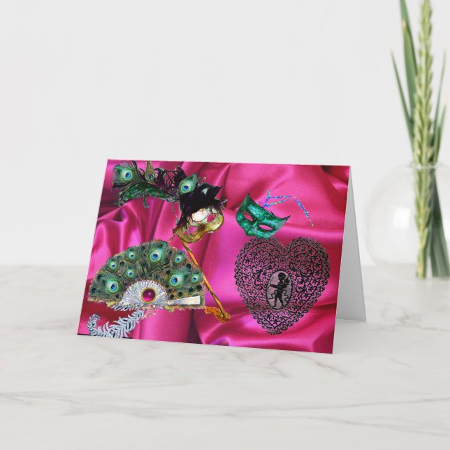 VALENTINE MASQUERADE MASKS, PEACOCK FAN,LACE HEART HOLIDAY CARD (Front)