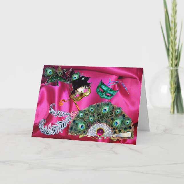 VALENTINE MASQUERADE PARTY MASKS, PEACOCK FAN HOLIDAY CARD (Front)