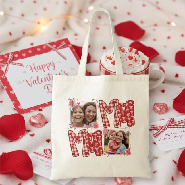 Valentine Mom and Child Photo Red Plaid Hearts Tote Bag (Creator Uploaded)