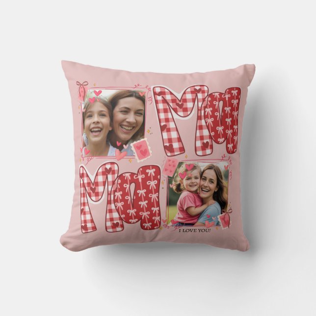 Valentine Mom and Child Pink Red Plaid Love Hearts Cushion (Front)