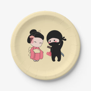 Valentine Ninja and Geisha on Yellow Paper Plate