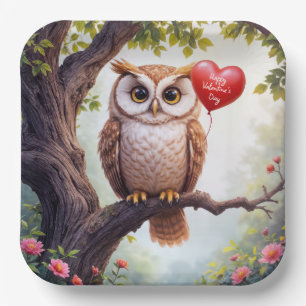 Valentine Owl With Red Heart Balloon Paper Plate