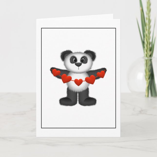 Valentine Panda Bear Holding String of Red Hearts Holiday Card (Front)