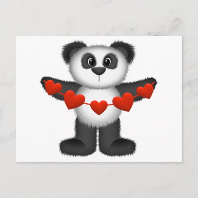 Valentine Panda Bear Holding String of Red Hearts Holiday Postcard (Front)