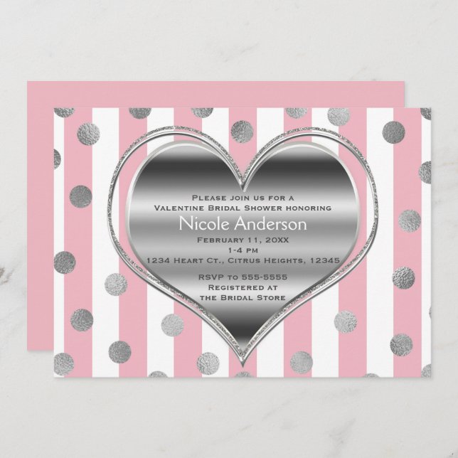 Valentine Party Silver Heart Pink & White Stripes Invitation (Front/Back)