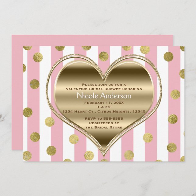 Valentine Party Silver Heart Pink & White Stripes Invitation (Front/Back)