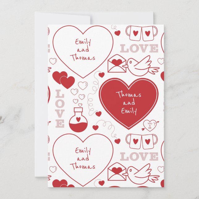 Valentine Pattern Flat Greeting Card -Red on White (Front)