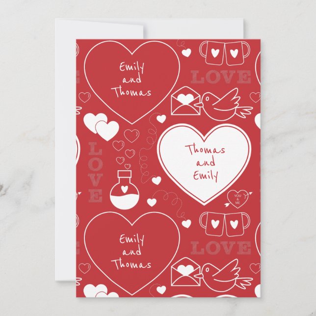 Valentine Pattern Flat Greeting Card -White on Red (Front)
