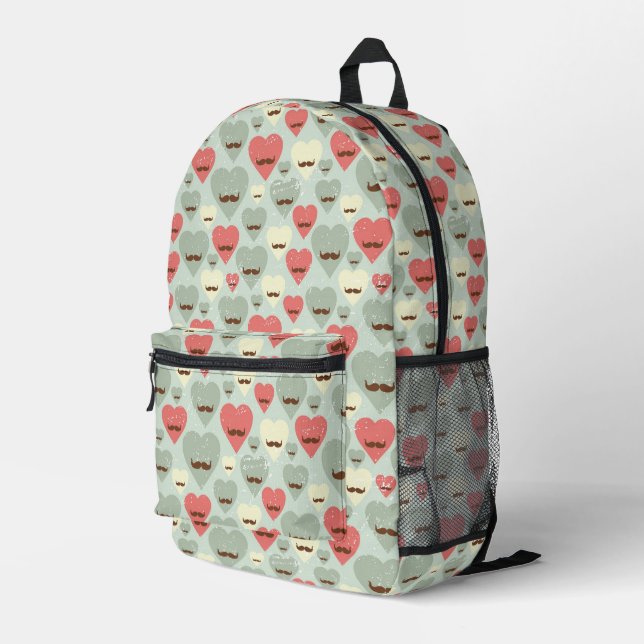 Valentine pattern with heart and moustache printed backpack (Back Corner Right)