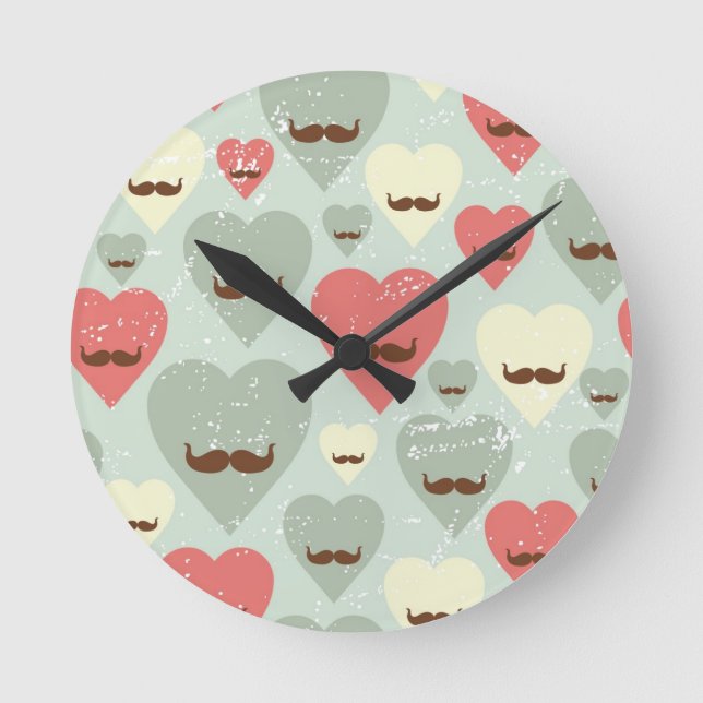 Valentine pattern with heart and moustache round clock (Front)