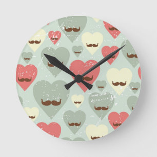 Valentine pattern with heart and moustache round clock