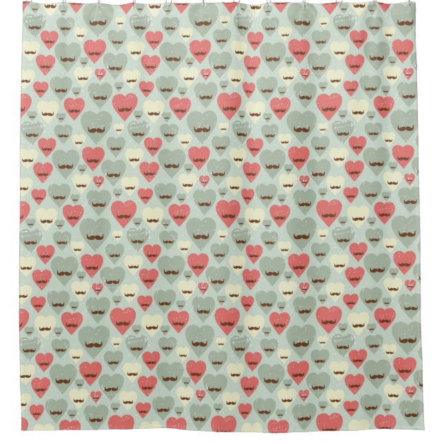 Valentine pattern with heart and moustache shower curtain (Front)