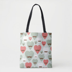 Valentine pattern with heart and moustache tote bag