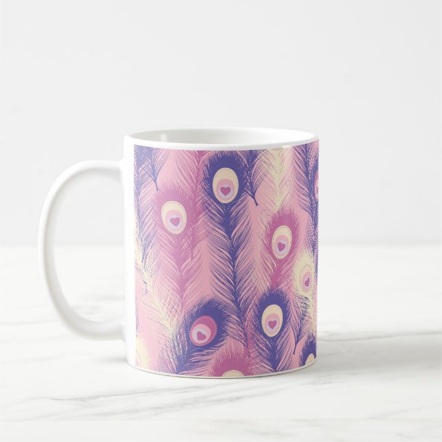 Valentine Peacock Feather Seamless Pattern in Pink Coffee Mug (Left)