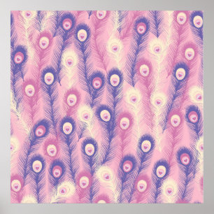 Valentine Peacock Feather Seamless Pattern in Pink Poster
