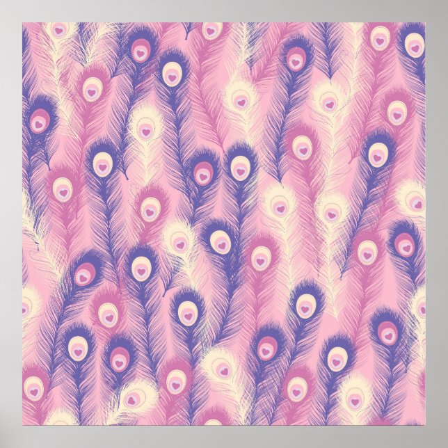 Valentine Peacock Feather Seamless Pattern in Pink Poster (Front)