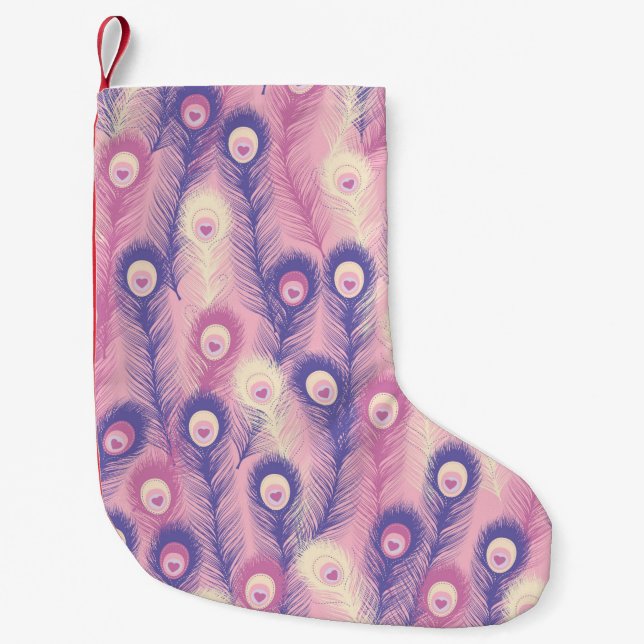 Valentine Peacock Feather Seamless Pattern in Pink Small Christmas Stocking (Front)