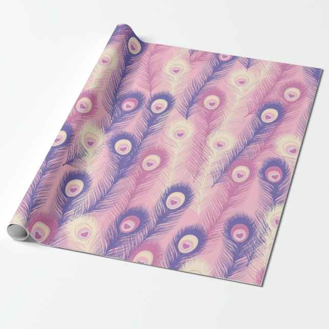 Valentine Peacock Feather Seamless Pattern in Pink Wrapping Paper (Unrolled)