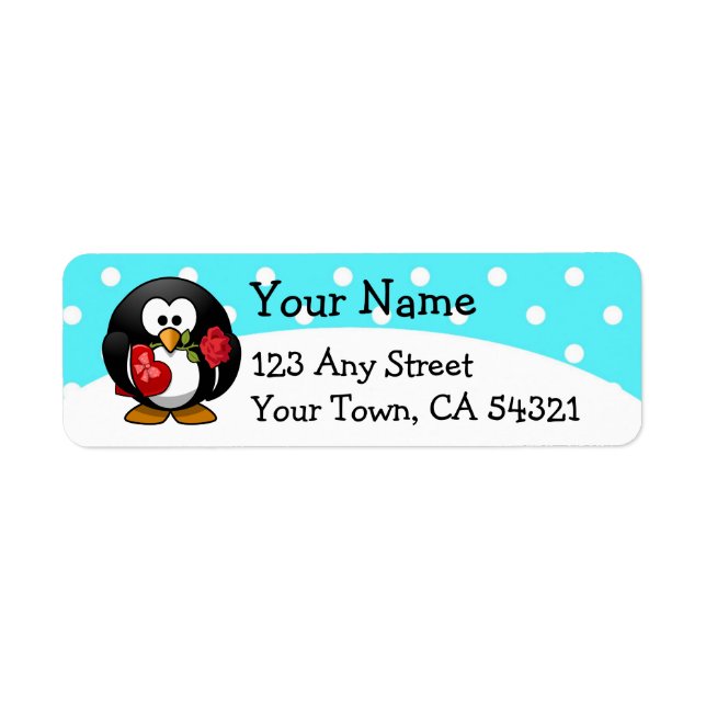 Valentine Penguin with Chocolate and Roses Return Address Label (Front)