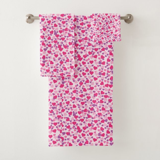 Valentine Pink and Purple Hearts Bath Towel Set (Insitu)