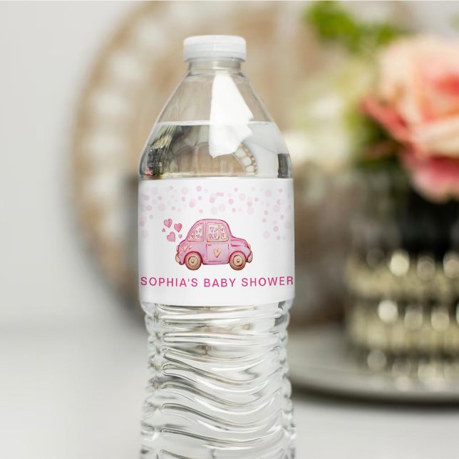 Valentine Pink Car Baby Shower Water Bottle Label (Creator Uploaded)