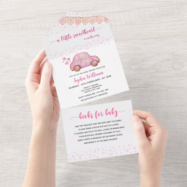 Valentine Pink Car Sweetheart Baby All In One Invitation (Tearaway)