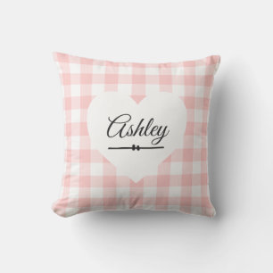 Valentine Pink Gingham White Heart Monogram Name Cushion