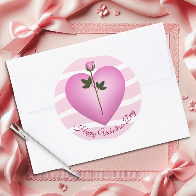 Valentine Pink Heart And Rose Classic Round Sticker (Creator Uploaded)