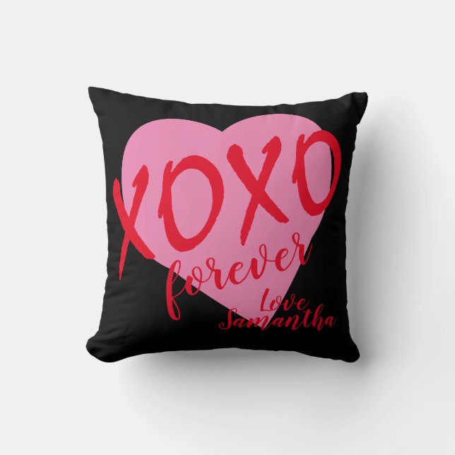 Valentine Pink Heart Red Hugs Kisses XOXO Forever  Cushion (Front)