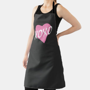 Valentine Pink Heart White XOXO Modern Black Apron