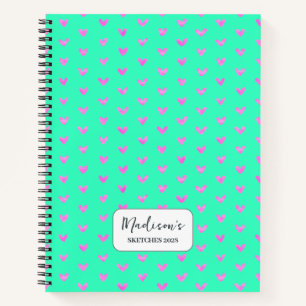 Valentine Pink Hearts Bright Green Personalised Notebook