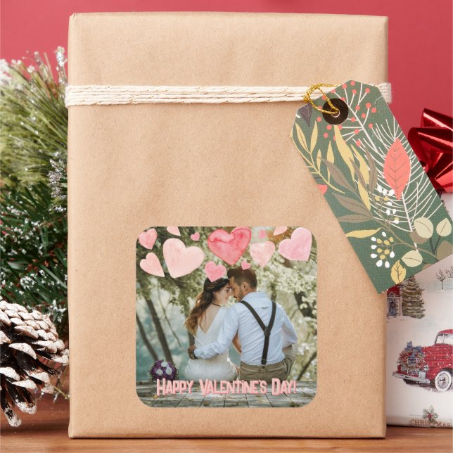 Valentine Pink Hearts Overlay Add Your Own Photo Square Sticker (Holiday)