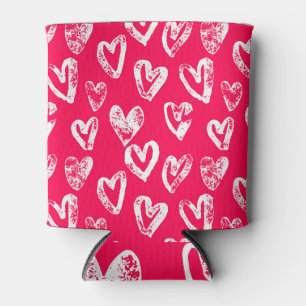 Valentine Pink Hearts: Sketch Background Can Cooler