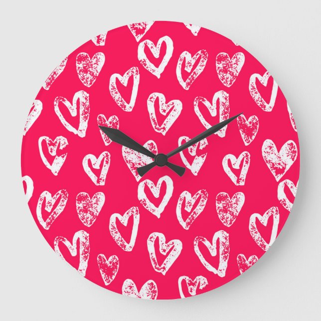 Valentine Pink Hearts: Sketch Background Large Clock (Front)