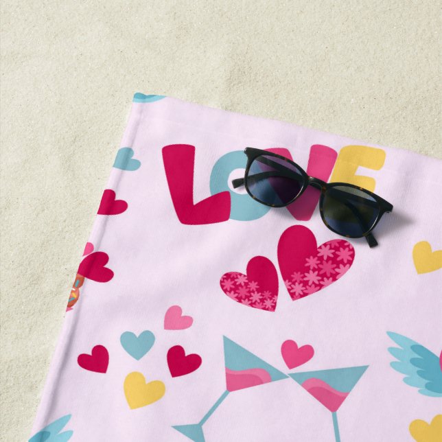 Valentine Pink Love Letters Pattern Elegant Name Beach Towel (In Situ)