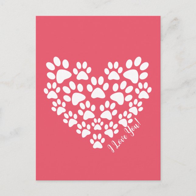 Valentine Pink Paw Print Heart Postcard (Front)