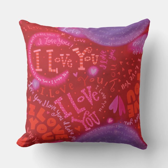 Valentine Pink Red Hearts I Love You Typogrpahy Cushion (Front)