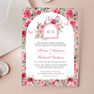 Valentine Pink Red Roses Butterfly Arch Wedding Acrylic Invitations