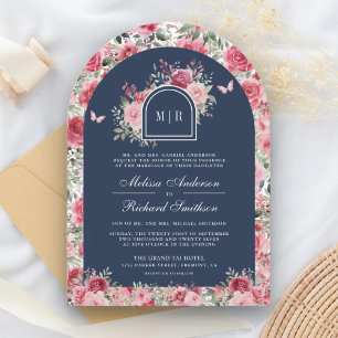 Valentine Pink Red Roses Butterfly Navy Wedding Invitation