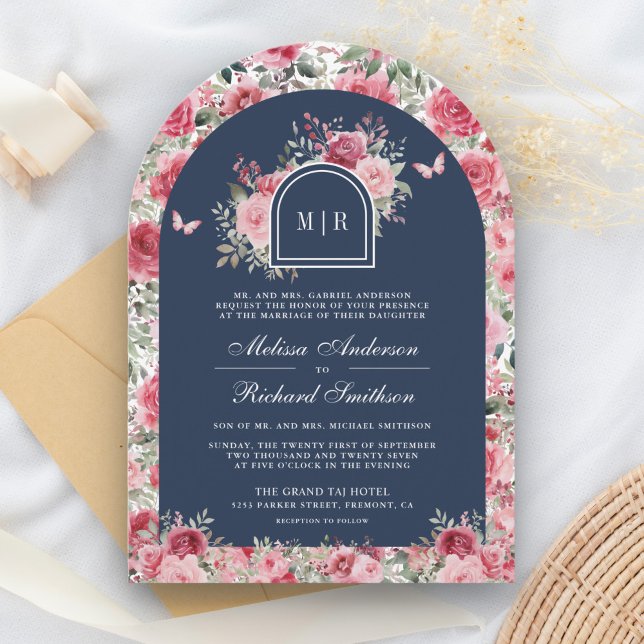 Valentine Pink Red Roses Butterfly Navy Wedding Invitation (Creator Uploaded)
