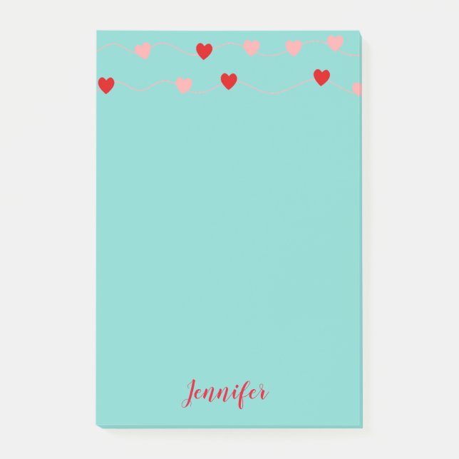 Valentine Pink Red Teal String Hearts Personalised Post-it Notes (Front)