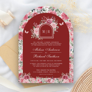 Valentine Pink Roses Butterfly Deep Red Wedding Invitation