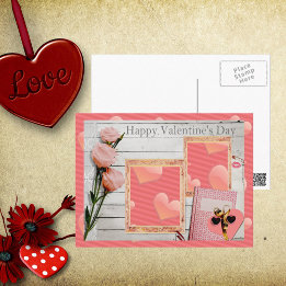 Valentine, Pink Roses, Heart Add Your Photos Holiday Postcard