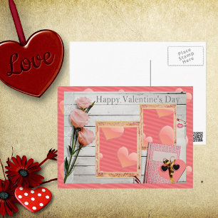 Valentine, Pink Roses, Heart Add Your Photos Holiday Postcard