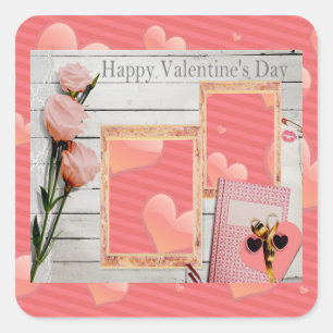 Valentine, Pink Roses, Heart Add Your Photos Square Sticker