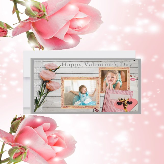 Valentine, Pink Roses, Heart Two Frames Photo Card (Valentine, Pink Roses, Heart Two Frames Photo Card)