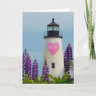 Valentine Pink Watercolor Heart Initial Lighthouse Holiday Card
